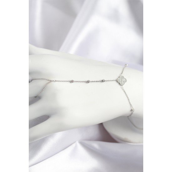 Pirinç Zirkon Taşlı Yonca Model Gümüş Renk Şahmeran