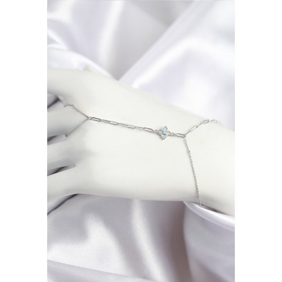 Pirinç Zirkon Taşlı Mavi Boncuklu Yonca Model Gümüş Renk Şahmeran Pirinç Zirkon Taşlı Mavi Boncuklu Yonca Model Gümüş Renk Şahmeran