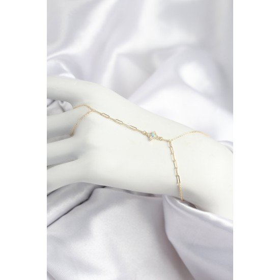 Pirinç Zirkon Taşlı Mavi Boncuklu Yonca Model Gold Renk Şahmeran Pirinç Zirkon Taşlı Mavi Boncuklu Yonca Model Gold Renk Şahmeran