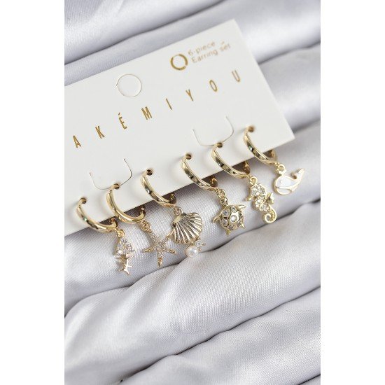 Pirinç Zirkon Taşlı İstiridye Balina Ve Yıldız Gold Renk 6'lı Küpe Set