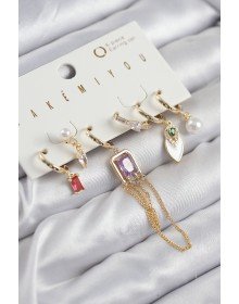 Pirinç Zirkon Taşlı Sallantılı Ve İncili Gold Renk 6'lı Küpe Set