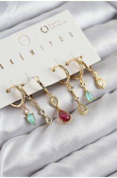 Pirinç Zirkon Taşlı Sallantılı Model Gold Renk 6'lı Küpe Set