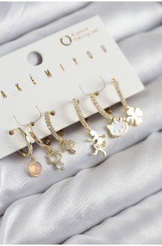 Pirinç Zirkon Taşlı Hello Kity Ve Yonca Model Gold Renk 6'lı Küpe Set