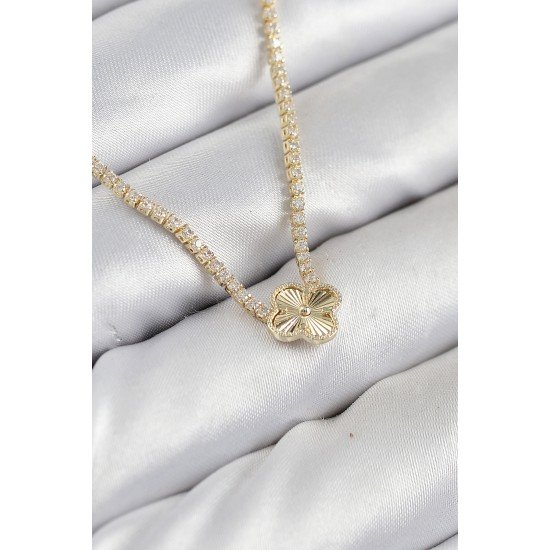 Pirinç Zirkon Taşlı Yonca Model Gold Renk Kadın Kolye