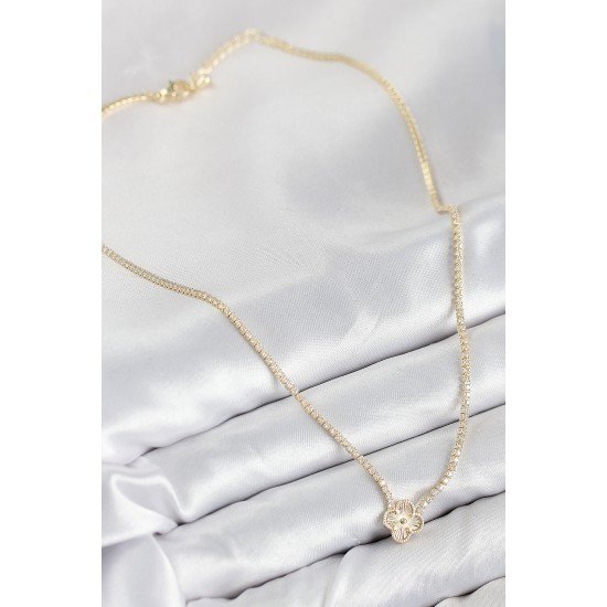 Pirinç Zirkon Taşlı Yonca Model Gold Renk Kadın Kolye