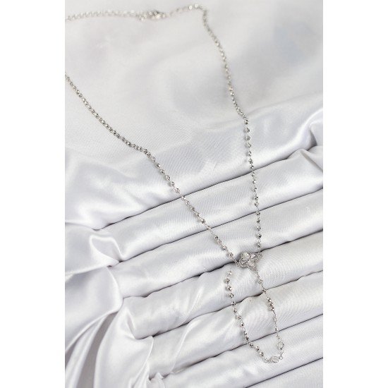 Pirinç Zirkon Taşlı Yonca Model Gümüş Renk Kadın Y Kolye