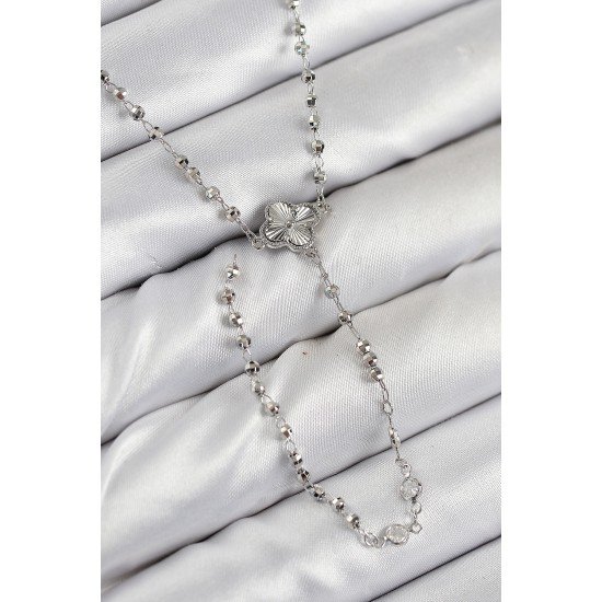 Pirinç Zirkon Taşlı Yonca Model Gümüş Renk Kadın Y Kolye