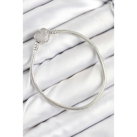 Pirinç Charm Zirkon Taşlı Kalp Model Gümüş Renk Kadın Bileklik