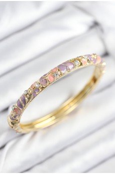 Mineli Pirinç Zirkon Taşlı Pembe Mor Çiçek Motifli Gold Kadın Kelepçe