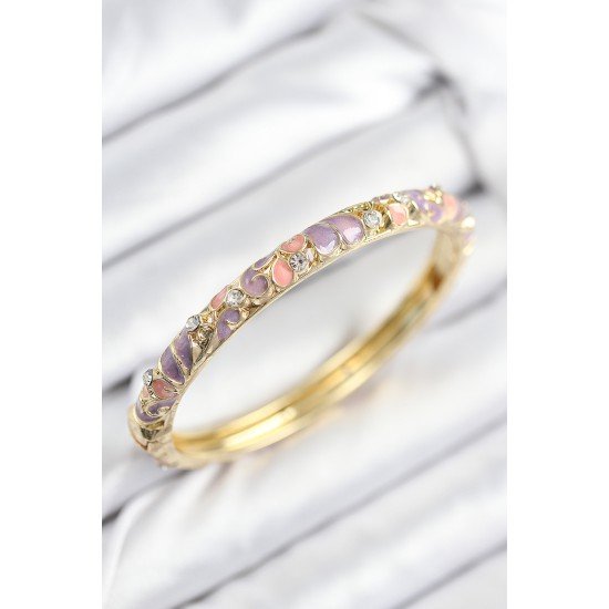 Mineli Pirinç Zirkon Taşlı Pembe Mor Çiçek Motifli Gold Kadın Kelepçe