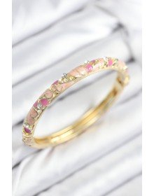 Mineli Pirinç Zirkon Taşlı Pembe Çiçek Motifli Gold Kadın Kelepçe
