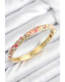 Mineli Pirinç Zirkon Taşlı Pembe Çiçek Motifli Gold Kadın Kelepçe