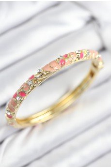 Mineli Pirinç Zirkon Taşlı Pembe Çiçek Motifli Gold Kadın Kelepçe