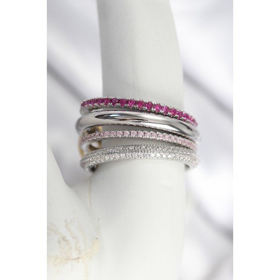 Pirinç Gümüş Renk Zirkon Taşlı 4'Lü Kadın Yüzük