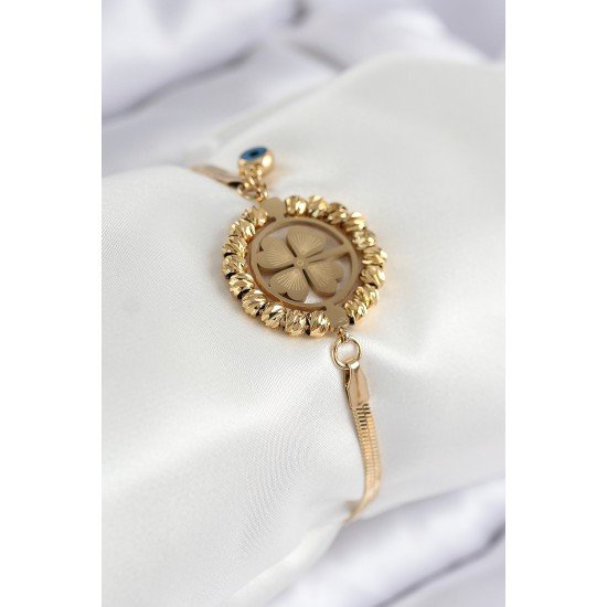 316L Çelik Nazar Boncuk Detaylı Yonca Model İtalyan Zincir Gold Renk Kadın Bileklik