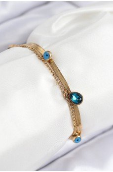 316L Çelik Nazar Boncuk Detaylı Mavi Zirkon Taşlı Model İtalyan Zincir Gold Renk Kadın Bileklik