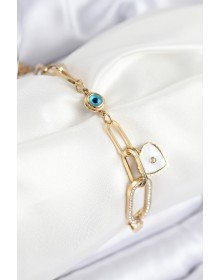 316L Çelik Nazar Boncuğu Ve Zirkon Taşlı Kalp Model Gold Renk Kadın Bileklik