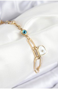 316L Çelik Nazar Boncuğu Ve Zirkon Taşlı Kalp Model Gold Renk Kadın Bileklik