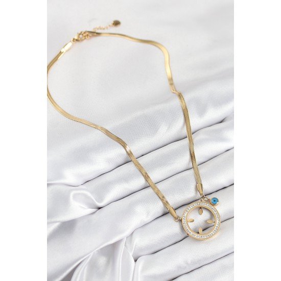 316L Çelik Zirkon Taşlı Çeyrek Takılabilir Gold Renk Kadın Kolye