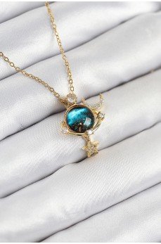 316L Çelik Zirkon Taşlı Gezegen Model Gold Renk Kadın Kolye