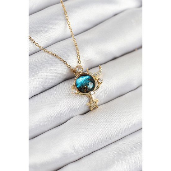 316L Çelik Zirkon Taşlı Gezegen Model Gold Renk Kadın Kolye