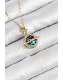 316L Çelik Zirkon Taşlı Gezegen Model Gold Renk Kadın Kolye