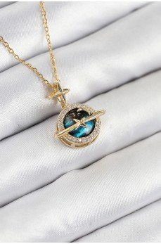 316L Çelik Zirkon Taşlı Gezegen Model Gold Renk Kadın Kolye