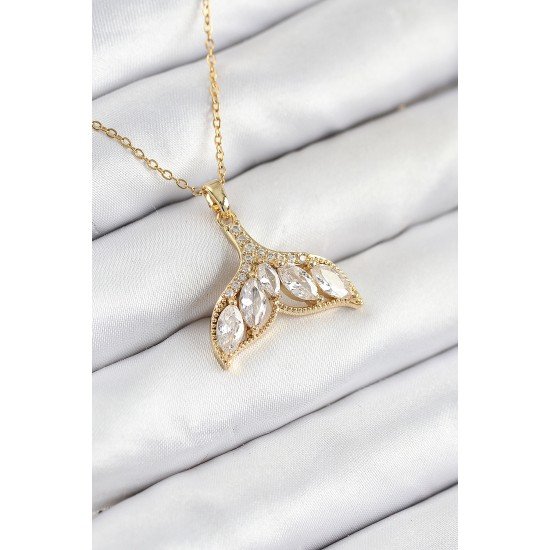 316L Çelik Zirkon Taşlı Balık Kuyruğu Model Gold Renk Kadın Kolye