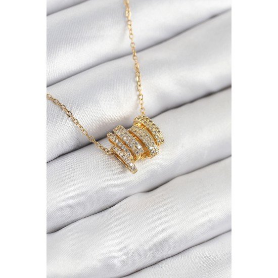 316L Çelik Zirkon Taşlı Sarmal Model Gold Renk Kadın Kolye