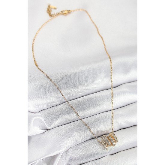 316L Çelik Zirkon Taşlı Sarmal Model Gold Renk Kadın Kolye