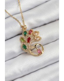 316L Çelik Zirkon Taşlı Tavus Kuşu Model Gold Renk Kadın Kolye
