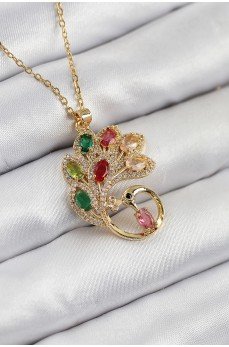 316L Çelik Zirkon Taşlı Tavus Kuşu Model Gold Renk Kadın Kolye