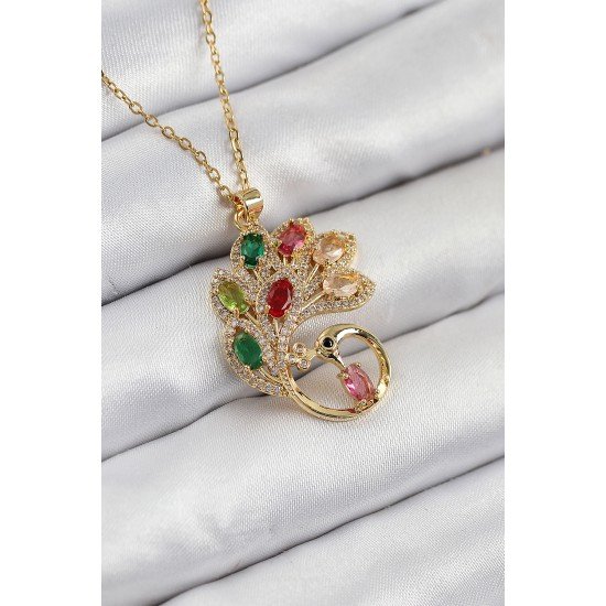 316L Çelik Zirkon Taşlı Tavus Kuşu Model Gold Renk Kadın Kolye