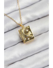 316L Çelik Zirkon Taşlı Açılabilr Kapaklı Kitap Model Gold Renk Kadın Kolye