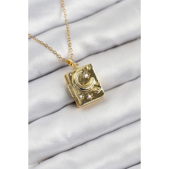 316L Çelik Zirkon Taşlı Açılabilr Kapaklı Kitap Model Gold Renk Kadın Kolye