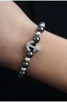 Doğal Taş Çapa Model Gümüş Ve Füme Renk Asansörlü Erkek Bileklik