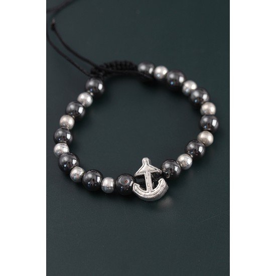 Doğal Taş Çapa Model Gümüş Ve Füme Renk Asansörlü Erkek Bileklik