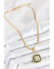 316L Çelik Zirkon Taşlı Siyah Detaylı Baget Model Gold Renk Kadın Kolye