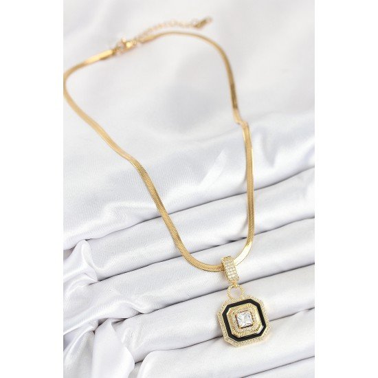 316L Çelik Zirkon Taşlı Siyah Detaylı Baget Model Gold Renk Kadın Kolye