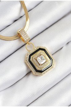 316L Çelik Zirkon Taşlı Siyah Detaylı Baget Model Gold Renk Kadın Kolye