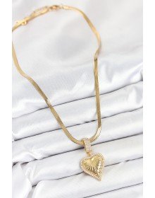316L Çelik Zirkon Taşlı Kalp Model Gold Renk Kadın Kolye
