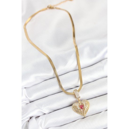 316L Çelik Zirkon Taşlı Kanatlı Kalp Model Gold Renk Kadın Kolye