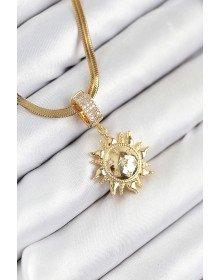 316L Çelik Zirkon Taşlı Güneş Model Gold Renk Kadın Kolye