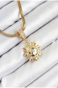 316L Çelik Zirkon Taşlı Güneş Model Gold Renk Kadın Kolye