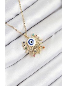 316L Çelik Zirkon Taşlı Nazar Model Gold Renk Kadın Kolye