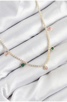 Pirinç Zirkon Taşlı Su Yolu Damla Model Gold Renk Kadın Kolye