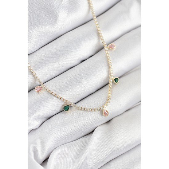 Pirinç Zirkon Taşlı Su Yolu Damla Model Gold Renk Kadın Kolye Pirinç Zirkon Taşlı Su Yolu Damla Model Gold Renk Kadın Kolye