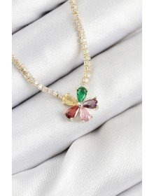 Pirinç Zirkon Taşlı Su Yolu Asorti Çiçek Model Gold Renk Kadın Kolye