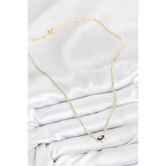 Pirinç Zirkon Taşlı Su Yolu Göz Model Gold Renk Kadın Kolye