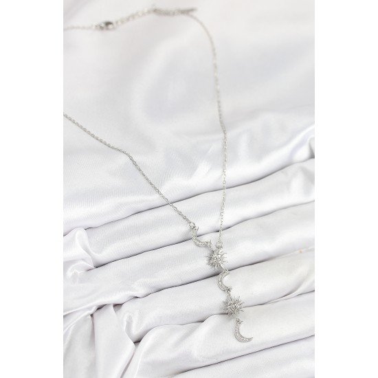 316L Çelik Zirkon Taşlı Güneş Ve Ay Model Gümüş Renk Kadın Kolye